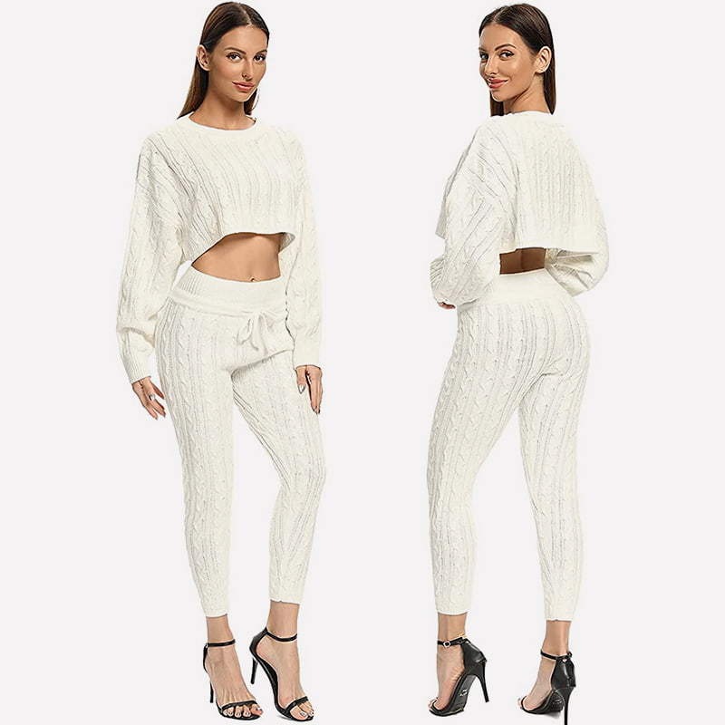 SM-K0094 Solid Colour Short Waist-exposed Knitted Jacket Trousers Two-piece Knitted Suit