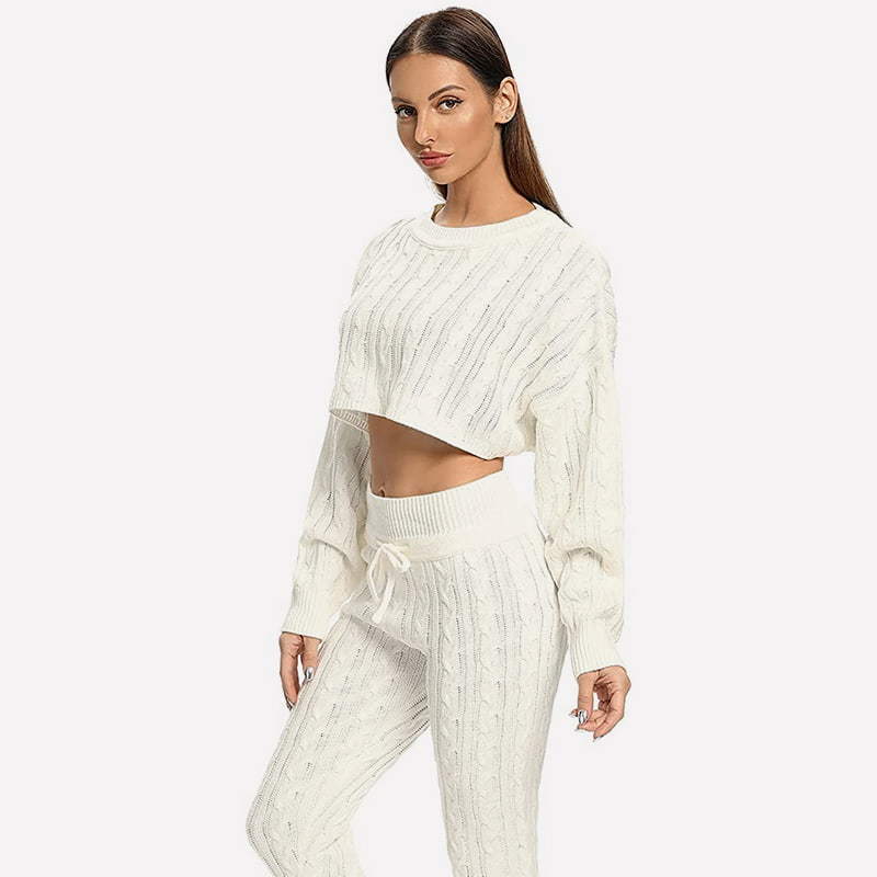 SM-K0094 Solid Colour Short Waist-exposed Knitted Jacket Trousers Two-piece Knitted Suit