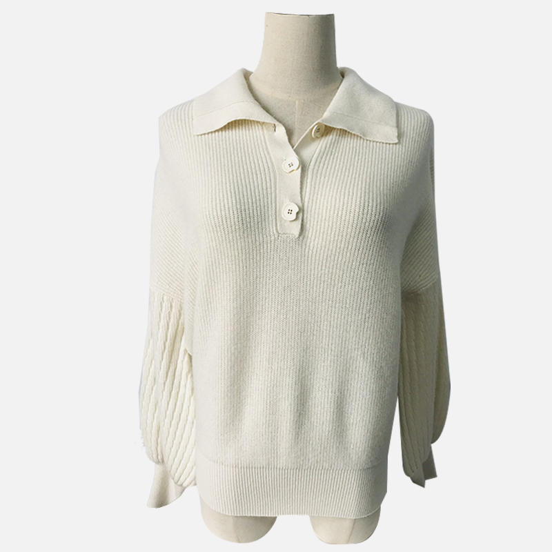 SY104 White College Style Long Sleeve Lapel Casual Wool Knit Sweater