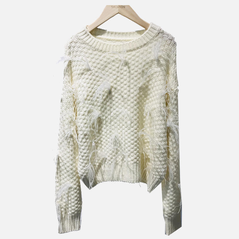 SNS061 Feather Embellished Knitted Sweater Round Neck White