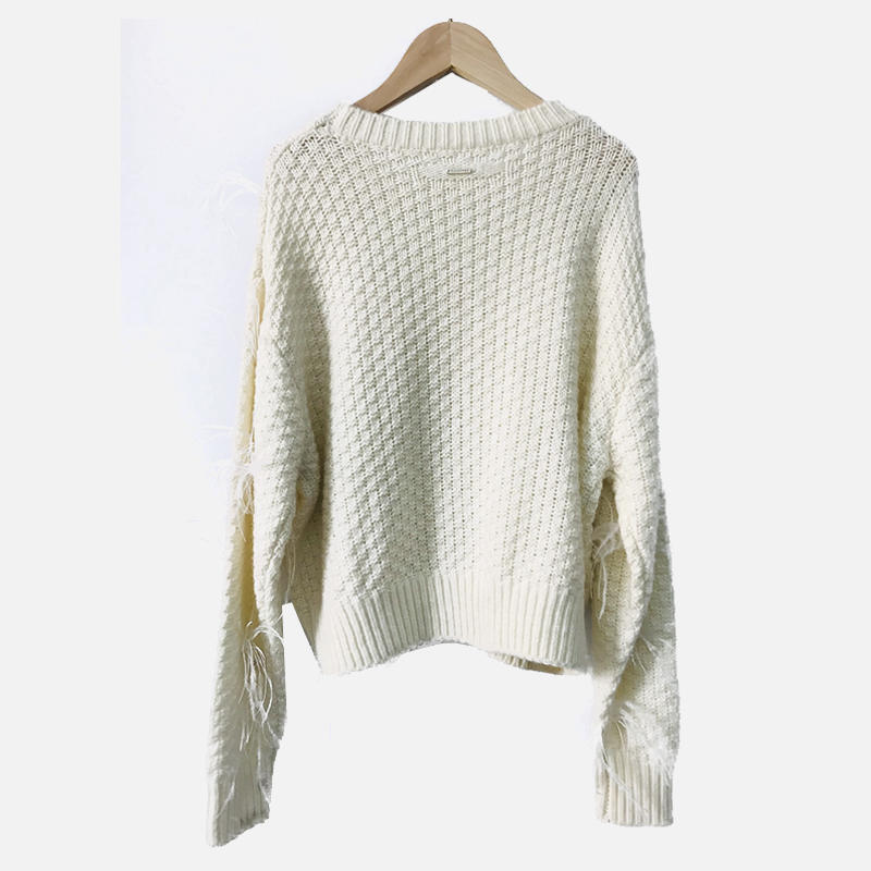 SNS061 Feather Embellished Knitted Sweater Round Neck White